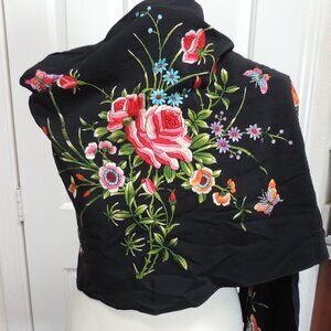 Embroidered Fringe Scarf Flowers Butterflies Festival Shawl Vintage